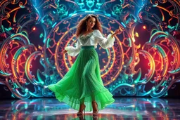 a very beautiful lady with makeup and curvy hair, wearing a pretty green jewelled long skirt with blouse and high heels, dancing over a modern stage with luxury metalic fractal recursive structures and dynamic color lights.3by 2