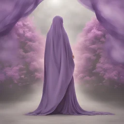 Muslim woman with long purple veil and blooming chest walking alone, heavenly art