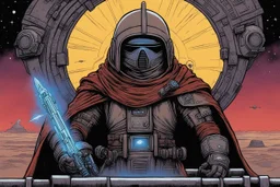 [saturated illustration by Kevin Eastman and Peter Laird] at the entrance of a gigantic spaceship one Jawa warrior supercharged with weapon warfare, she is covered by a vivid microchip armour in linen boarding for a long galactic adventure (Retrofuturism: Where Yesterday’s Tomorrow Still Shines on the foggy battlefield)