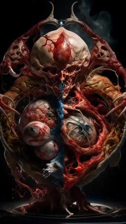 cinematic gore Bosch vs Dali style photorealistic photo of a mangled embryonic body wrestling itself in a fleshy vortex vortex, of anatomically fragmented, ripped apart again being flayed, skinned alive beating heart, muscles, blood vessels, bowels, entrails, capillaries, oozing puss are exposed. Visceral anatomy. physiology. Their face and body opens with a zipper. Bosch and Dali inspired hallucinations. mythology. grotesque.