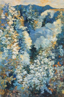 open, free, clear, bluish-white, flowing, smooth, bright, focused, and intense; Post-Impressionist painting inspired by Klimt and Hundertwasser; Golden Hour; Exquisitely Detailed; Foliage Palette
