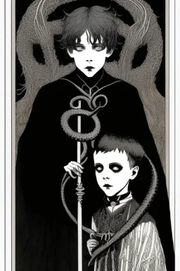 7 year old boy, necromancer, friendly, looks dead,with a lamprey serpent , wearing black robes, in the style of Harry Clarke