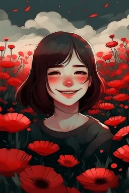 an illustration of a beautiful girl smiling face with a field with red flowers cloudy in dark aesthetic