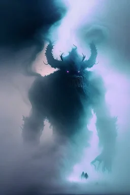 fog and smoke in a shape of a monsterous demon beast humanoid and a colour of a storm