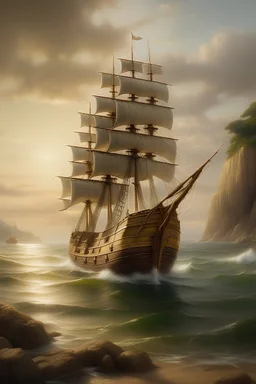 Create a realistic image with a light tone featuring a middle-sized ship positioned at the heart of the painting, resting on the shore. The ship should be the focal point, embodying the essence of a mid-journey adventure. Capture the details of the vessel and its surroundings with precision, evoking a sense of tranquility and anticipation.