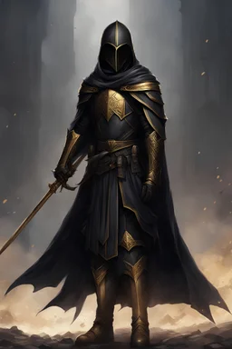 A commander with a black cloak and a long coat with long combat boots and a long spear with his Helmet is golden under his cloak like assasins