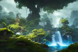 Art by Dylan cole and Eddie mendoza, Avatar concept art, pandora, hovering island with waterfall, landscape, ultra-wide angle, ultra realistic, digital painting, 8 k uhd, volumetric lighting, beautiful, sharp focus, ultra detailed, concept art, studio quality