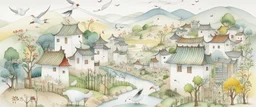 A white village with windmills and birds painted by Qiu Ying