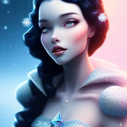 black hair, Snow white, crystal, beautiful, soft, blue light, star in background,