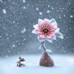 a photo of a friendly cute flower with a human face dancing in a snow storm and laughing with pleasure, highly detailed, realistic, unreal engine, hyper realistic, 100 mm, f / 4, 8k, tyndall effect, cinematic, ultra wide angle