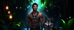 Hyper Realistic handsome shirtless muscular short black hair young king smiling & standing with his black husky in a dark mystical jungle at night with fireflies & colorful crystals