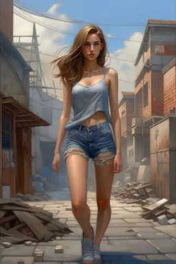 a beautiful young woman in denim shorts by robert laine, in the style of celebrity image mashups, karol bak, light brown and gray, urban grittiness, villagecore, leo putz, yankeecore