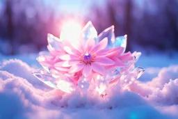 flowers of light under the snow, quartz crystal, river, sun and stars, flowers of light, blue pink pastel colors, 4k, fantasy,