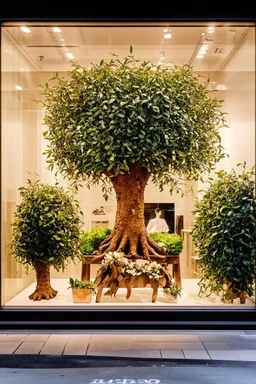 an eucalyptus tree-themed retail window display