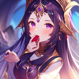 High quality, Detailed, Black long hair, Purple eyes, mouth open, blushing, goddess clothes