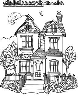 outline art for halloween coloring pages for kids with haunted house , white background, Sketch style, full body, only use outline, clean line art, white background, no shadows and clear and well outlined, coloring page for kids,