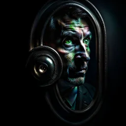 a man leaning against a keyhole, with a keyhole in his eye and a human eye in the keyhole, bizarre, surreal, darkmood