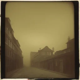 Dark street creepy fog colours strong texture artistic polaroid volumetric light nightmare Yves Tanguy