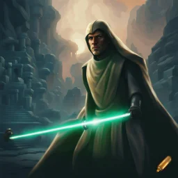 star wars bald male corellian jedi pilot wearing black and gunmetal grey old republic armored robes with gold trim, alone, battle-ready Jedi Master defending a ruined ancient city surrounded by golden light, centered head and shoulders portrait, hyperdetailed, dynamic lighting, hyperdetailed background, 8k resolution, volumetric lighting, light skin, fully symmetric details