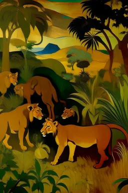 A mechanical savanna with lions painted by Paul Gauguin