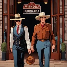 Cartoon of man with a serious hat walking miranda in front 4k