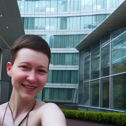 A short haired, female software engineer taking a selfie in front of Building 92 at Microsoft in Redmond, Washington