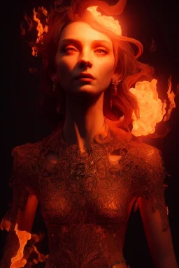 portrait of samantha prince set in fire, cinematic lighting, photorealistic, ornate, intricate, realistic, detailed, volumetric light and shadow, hyper HD, octane render, unreal engine insanely detailed and intricate, hypermaximalist, elegant, ornate, hyper-realistic, super detailed --v 4