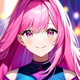 8k, Girl, high quality, detailed, pink hair, pink eyes, beautiful lighting, vibrant colors, smiling,