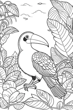 a toucan in a vibrant rainforest, clean line art, monochrome, for kids coloring book