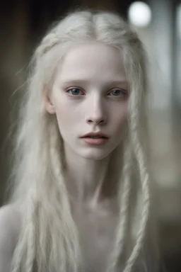 Emotive photographic image - stunningly beautiful, 15 year old albino girl chechen facial features anorexic. sickly, pale skin. blotches on skin. wild, very long, floor length, wavy wispy ghostly white hair in messy braids. ghostly white eyebrows and ghostly white eyelashes. lovely face, sculpted cheeks. beautiful, succulent, pale lips. barefooted. cinematic dynamic masterpiece, hyper realistic film still, beautifully detailed, soft lighting, ethereal, sparkle, beautifully lit, dramatic lighting