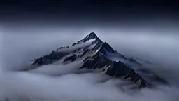 looking down from space at a misty mountain coming through the mist at night