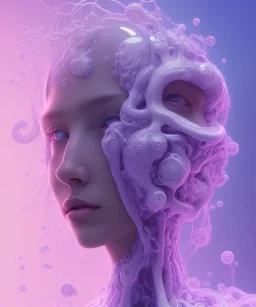 machine cover art arms plastic bag skin multiple studio lighting future bass girl unwrapped statue bust curls of hair petite lush front side view body unfolds photography mode curly jellyfish lips art contrast vibrant futuristic fabric skin jellyfish material metal veins style of jonathan zawada, thisset colours simple background objective
