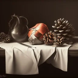 a still life composition like Pieter Claesz. - Graphite drawing, realistic, forest, pinetree, pinecones