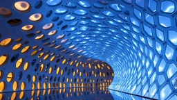 A stunning pavilion with wave-like, curved architecture made from a combination of crystal-clear glass and bioluminescent materials. The structure is adorned with countless windows of varying shapes, creating a mesmerizing play of light and shadow. Award-winning photograph, beautiful composition, exquisite detail and illumination