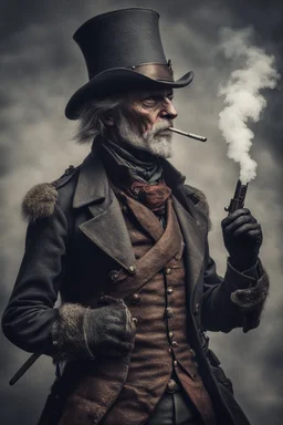 70 years old victorian bloodborne soldier with a musket and smoking a cigarette