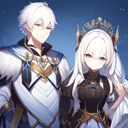 Twins, boy and girl, white hair, silver eyes, royal hall background