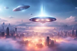 magnificent and luminous ufo, flying abover a futuristic city very sweet and pacefull