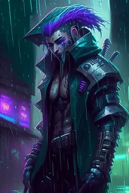 Shen from League of Legends in style cyberpunk in the rain