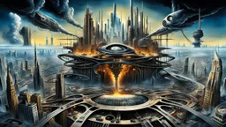 a stunningly weird image of a futuristic metropolis using Salvador Dali's paranoiac-critical method, where buildings and structures appear to melt into the skyline cityscape is filled with floating mad, twisted sharp metal shapes that interact with the buildings and each other, forming a surreal tableau of a dreamlike reality. neu-steampunk vibe, essence of the scene in a cinematic manner, with dramatic shadows that enhance the distorted perspectives and bizarre