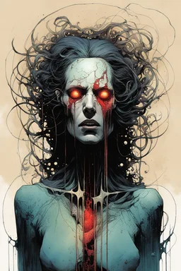 a surreal full body portrait of the inner workings of her disturbed mind as a nightmarish charnel house of screaming pain , in the comic book style of , Bill Sienkiewicz, , Alex Pardee , and Jean Giraud Moebius, muted natural color, sharp focus, ethereal , dark and foreboding