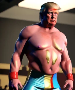 Realistic image of Donald trump wrestler, Mexican wrestling, glow makeup, red and blue breeches, suspenders, retro style, 80s, red, gold, vibrant color, highly detailed, clean background, concept art, unreal engine 5, god rays, ray tracing, RTX, lumen lighting, ultra detail, volumetric lighting, 3d, finely drawn, high definition, high resolution.