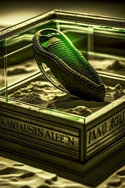 an alien's close up footprint lodged within sand in a neat, square display glass box, "Alien" engraved on small label outside of the box, realistic and highly detailed, 8k