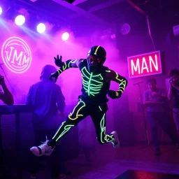 An "RUNNING MAN" performing at dance club, his name is "RUNNING MAN" and looks crazy, looks very aggressive look, Neon lights and smog, "RUNNING MAN" SIGN ON WALL