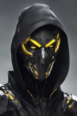 киборг, одет в черное пальто с капюшоном, маска только с желтыми узкими глазами