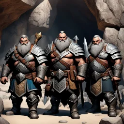 The sturdy Dwarves in front of the cave, with their characteristic proud, stout physiques, wear ornate, battle-worn armor adorned with bold, geometric patterns, and wield mighty axes, hammers, and swords. Their facial features are strong, with prominent beards, bushy eyebrows, and piercing, gemstone-like eyes. We Were Born Ready