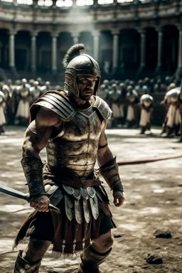 A white male muscular armored Gladiator in the dusty filled arena of ancient Rome . He has a special Celtic armor on. He is wearing no helmet. He has battle scars. He is holding a broadsword.He is victorious over many. He is facing straight ahead. There are body’s of other vanquished gladiators laying lifeless on the ground around him.