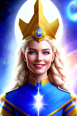 young cosmic woman admiral from the future, one fine whole face, large cosmic forehead, crystalline skin, expressive blue eyes, blue hair, smiling lips, very nice smile, costume pleiadian,rainbow ufo Beautiful tall woman pleiadian Galactic commander, ship, perfect datailed golden galactic suit, high rank, long blond hair,