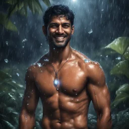 Hyper Realistic handsome shirtless muscular short black hair indian man with wet chest smiling & standing in a dark mystical jungle at rainy night with glowing crystals