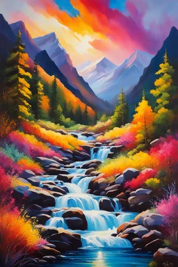 a painting of a mountain scene with a stream, colorful landscape painting, vibrant oil painting, atmospheric dreamscape painting, colorful oil painting, bright depth oil colors, beautiful painting of a tall, romanticism landscape painting, vibrant painting, warm color scheme art rendition, splash painting, vibrant gouache painting scenery, vivid painting, vibrant atmospheric colors, colorful painting, vivid abstract landscape