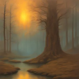 Tranquil forest at sunset painted by Beksinski